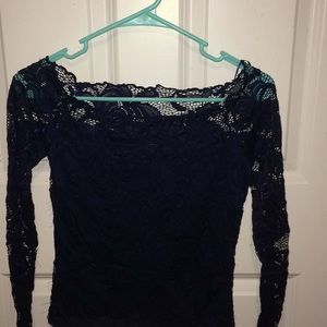 Navy blue off the shoulder lace long sleeve shirt